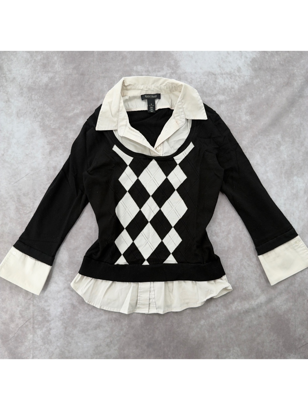 White House Black Market Viscose Layered Argyle Collared Sweater Top Size M